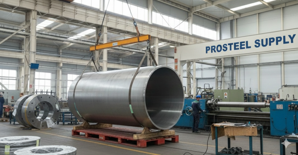 Inside a large industrial manufacturing facility, a massive polished steel cylinder is suspended by an overhead crane above a red pallet. In the background, a worker in a blue uniform and helmet operates machinery, while a sign reading "PROSTEEL SUPPLY" is visible on the wall. Additional large metal components and industrial equipment fill the spacious, well-lit workshop